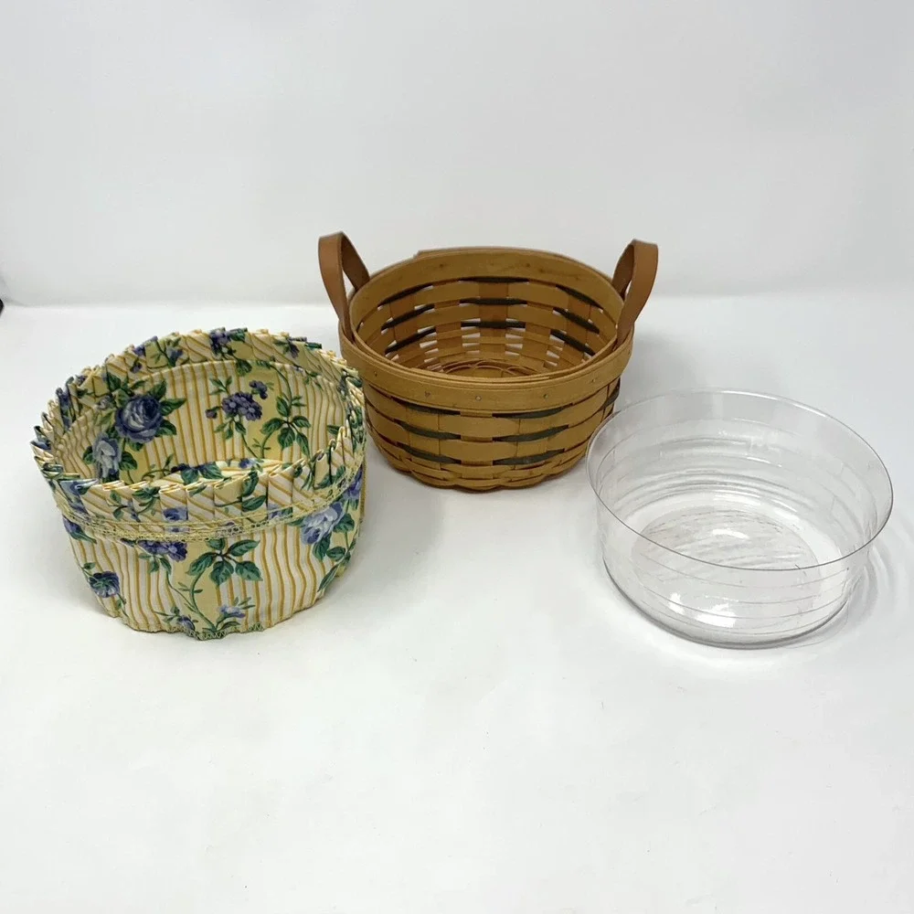 Longaberger 1996 Round Basket Leather Handles 6.5 Inch Fabric Liner, Protector